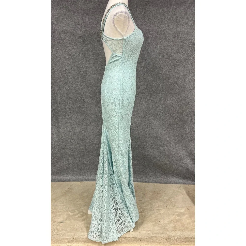 Sequin Hearts Light Blue Lace Beaded Halter Mermaid Formal Prom‎ Dress Size 7